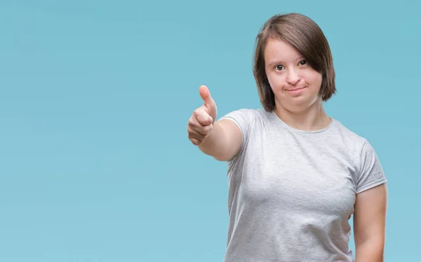 Giovane Donna Adulta Con Sindrome Sfondo Isolato Facendo Felice Pollice — Foto Stock