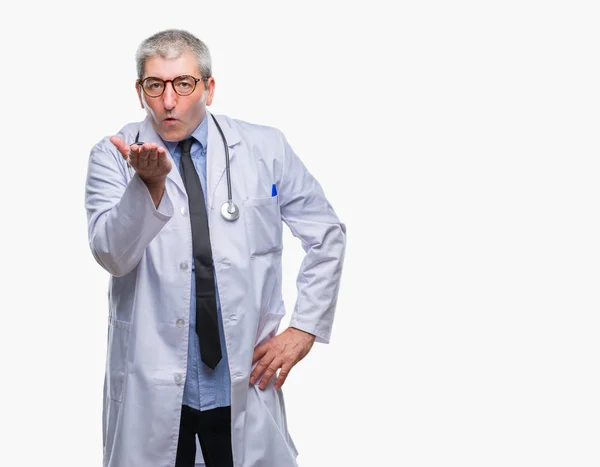 Handsome Senior Doctor Man Isolated Background Looking Camera Blowing Kiss — Stock Photo, Image