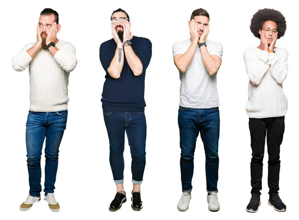 Collage Grupo Hombres Jóvenes Sobre Fondo Blanco Aislado Manos Cansadas — Foto de Stock