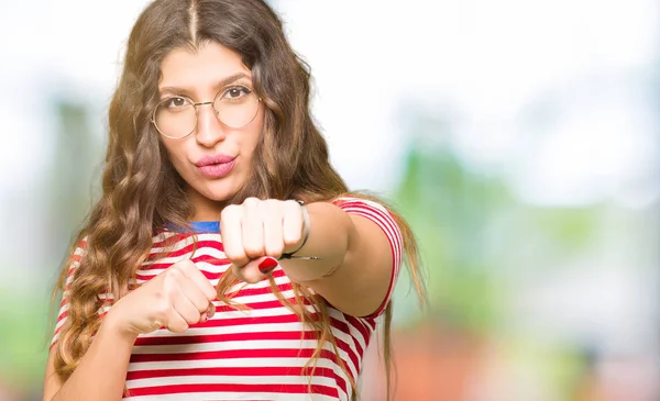 Young Beautiful Woman Wearing Glasses Punching Fist Fight Aggressive Angry — Stock Photo, Image