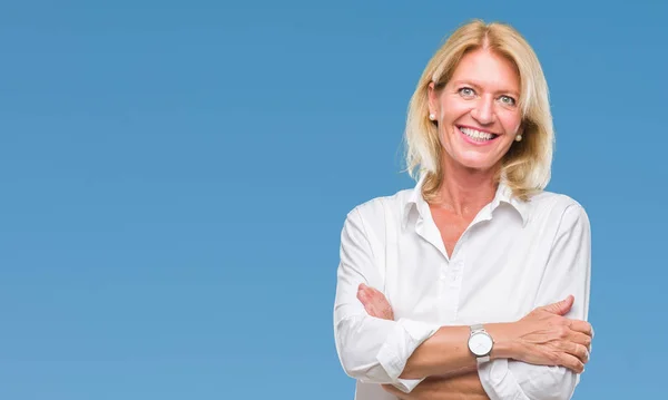 Blonde Geschäftsfrau Mittleren Alters Über Isoliertem Hintergrund Fröhliches Lächeln Mit — Stockfoto