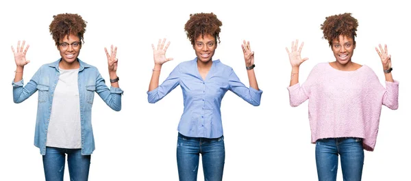 Collage Van Jonge Mooie Afrikaanse Meisje Geïsoleerde Achtergrond Weergeven Met — Stockfoto