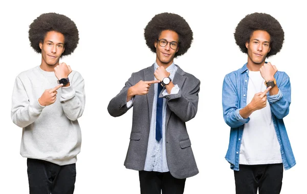 Colagem Jovem Com Cabelo Afro Sobre Fundo Isolado Branco Pressa — Fotografia de Stock