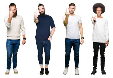 Grup Genç erkekler üzerinde beyaz izole arka plan gösteren orta parmak, kaba ve kaba siktir git ifade kolaj