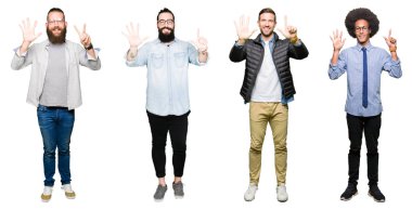Kolaj bir grup genç adam gösterilen ve parmakları ile işaret beyaz izole arka plan üzerinde kendinden emin ve mutlu gülümseyerek süre yedi numara.