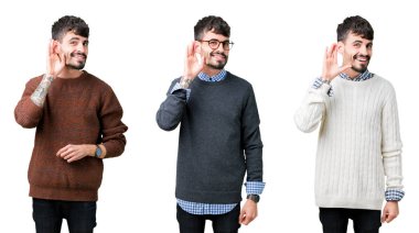 Kolaj bir söylenti ya da dedikodu için bir işitme dinlerken kulak üzerinde el ile gülümseyen izole arka plan üzerinde bir kazak giyen genç adam. Sağırlık kavramı.