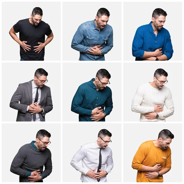 Koláž Pohledný Muž Nad Samostatný Pozadí Rukou Žaludek Protože Zažívací — Stock fotografie