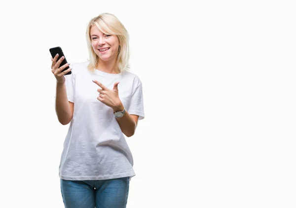 Junge Schöne Blonde Frau Mit Smartphone Über Isolierten Hintergrund Sehr — Stockfoto