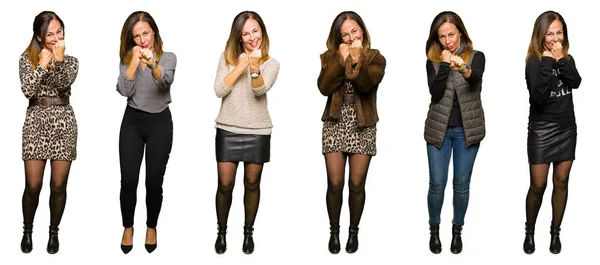 Collage Van Mooie Middelbare Leeftijd Vrouw Dragen Verschillende Looks Witte — Stockfoto