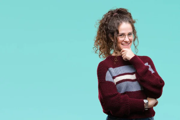 Mooie Brunette Krullend Haar Jong Meisje Bril Geïsoleerde Achtergrond Zoek — Stockfoto