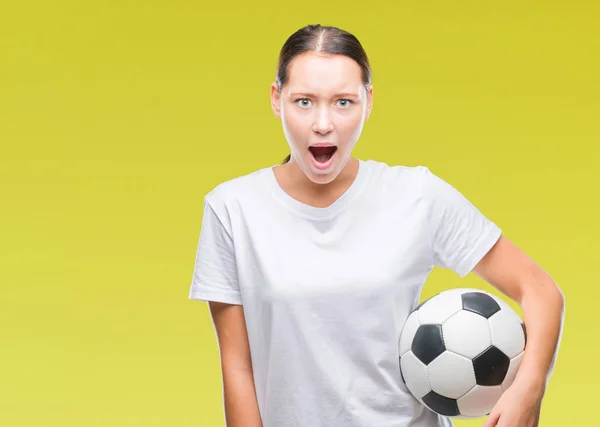 Young Beautiful Caucasian Woman Holding Soccer Football Ball Isolated Background — Stock Photo, Image