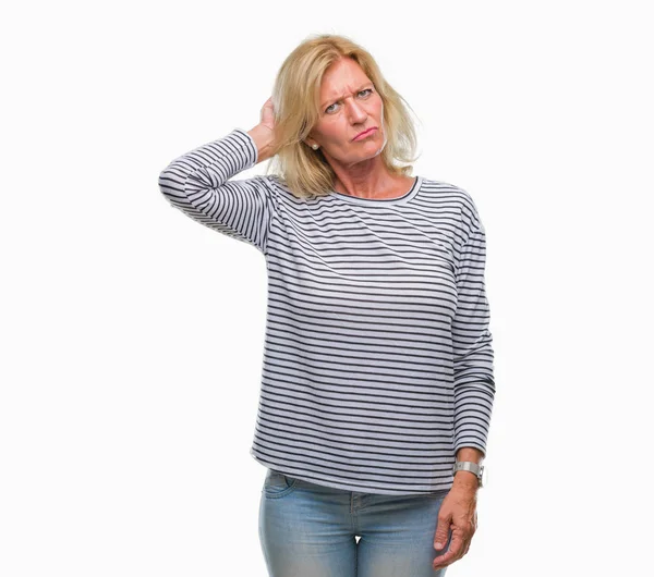 Medelålders Blond Kvinna Över Isolerade Bakgrund Förvirra Och Undrar Frågan — Stockfoto