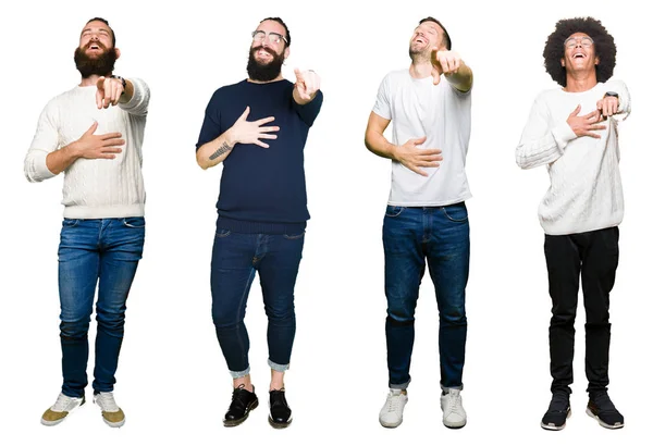 Collage Grupo Jóvenes Sobre Fondo Blanco Aislado Riéndose Señalando Cámara — Foto de Stock