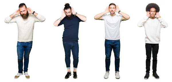 Collage Grupp Unga Män Över Vit Isolerade Bakgrund Försöker Höra — Stockfoto