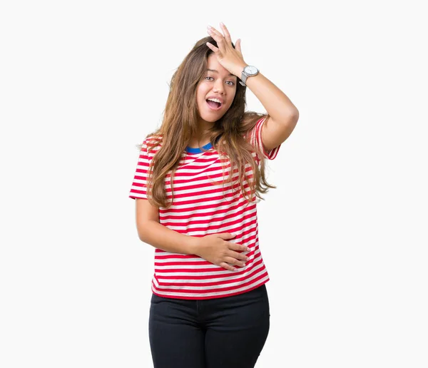 Ung Vacker Brunett Kvinna Bär Stripes Shirt Över Isolerade Bakgrund — Stockfoto