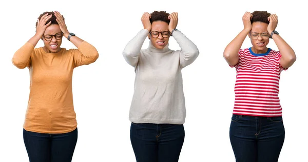非洲裔美国妇女戴非洲头发戴眼镜 因为疼痛和偏头痛 双手放在头上 — 图库照片