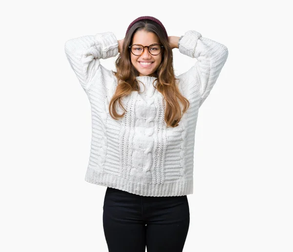 Young Beautiful Brunette Hipster Woman Wearing Glasses Winter Hat Isolated — Stock Photo, Image