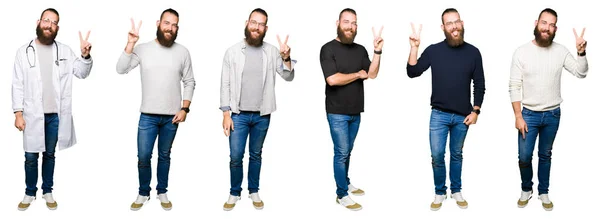 Collage Hombre Joven Con Moño Sobre Fondo Blanco Aislado Sonriendo —  Fotos de Stock