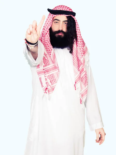 Arabian Business Man Long Hair Wearing Traditional Keffiyeh Scarf Pointing — Stock Photo, Image