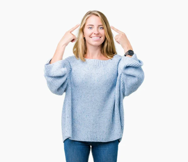 Beautiful Young Woman Wearing Blue Sweater Isolated Background Smiling Pointing — Stock Photo, Image