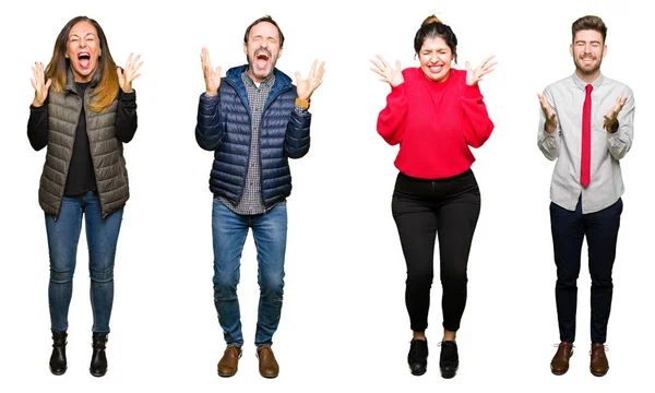 Collage People White Isolated Background Celebrating Mad Crazy Success Arms — Stock Photo, Image