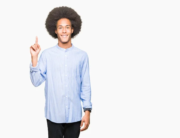 Young African American Man Afro Hair Showing Pointing Finger Number — Stock Photo, Image