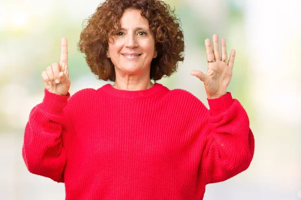 Beautiful Middle Ager Senior Woman Red Winter Sweater Isolated Background — Stock Photo, Image