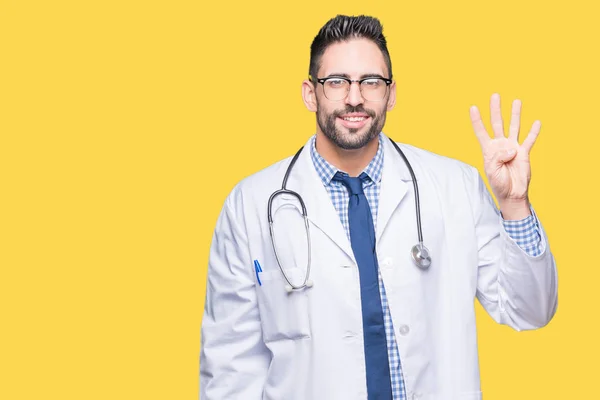 Bonito Jovem Médico Homem Sobre Fundo Isolado Mostrando Apontando Para — Fotografia de Stock