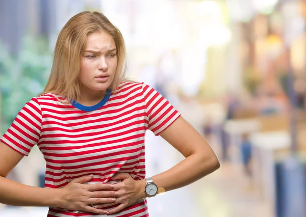 Mujer Caucásica Joven Sobre Fondo Aislado Con Mano Estómago Porque — Foto de Stock