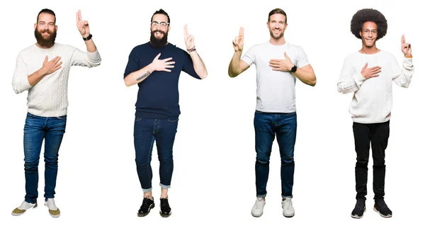 Collage Einer Gruppe Junger Männer Vor Weißem Hintergrund Die Mit — Stockfoto