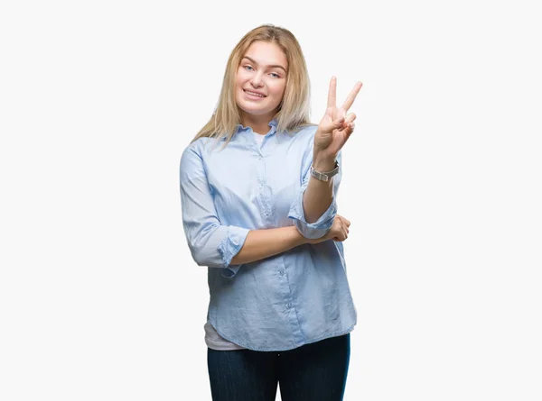 Jovem Mulher Negócios Caucasiana Sobre Fundo Isolado Sorrindo Com Rosto — Fotografia de Stock