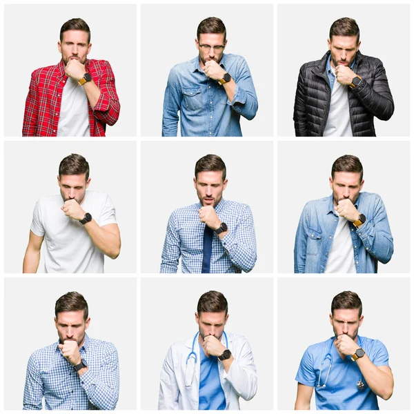 Collage Attractive Young Man White Isolated Background Feeling Unwell Coughing — Stock Photo, Image