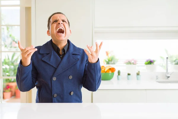 Middle Age Man Sitting Home Crazy Mad Shouting Yelling Aggressive — Stock Photo, Image