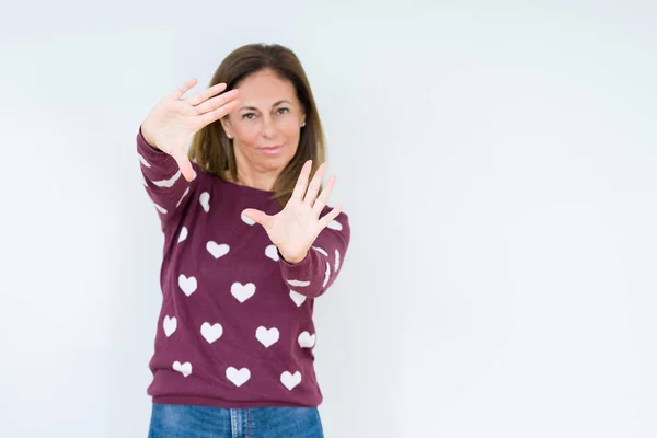 Beautiful Middle Age Woman Wearing Heart Sweater Isolated Background Smiling — Stock Photo, Image