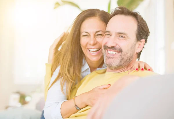 Middle Age Romantic Couple Sitting Sofa Home — Stock Photo, Image