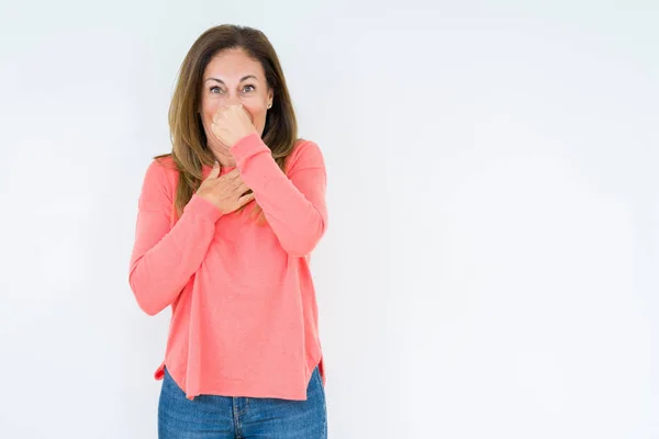 Bella Donna Mezza Età Sfondo Isolato Che Odora Qualcosa Puzzolente — Foto Stock