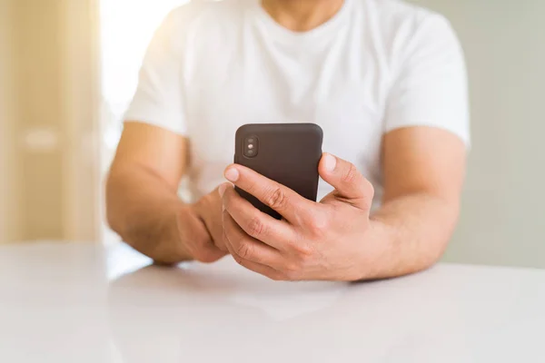 Close Middle Age Man Hands Using Smartphone Home — Stock Photo, Image