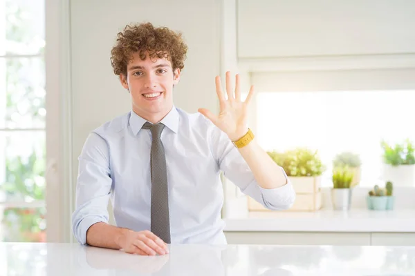 Young Business Man Wearing Tie Showing Pointing Fingers Number Five — Stock Photo, Image