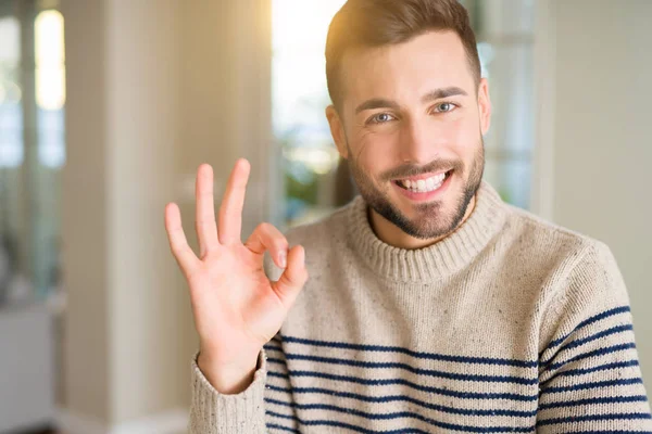 Young Handsome Man Home Doing Sign Fingers Excellent Symbol — Stock Photo, Image