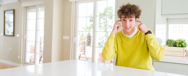 Wide Angle Shot Young Handsome Man Home Covering Ears Fingers — Stock Photo, Image