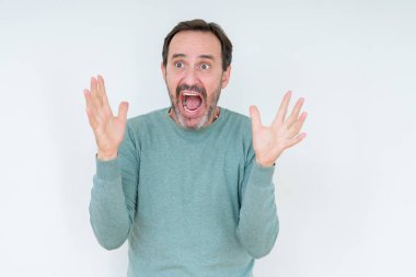 Deli kutluyor ve silah ile başarı için heyecanlı çığlık kaldırdı ve açık gözleri hayret izole arka plan üzerinde komuta sizde. Kazanan kavramı