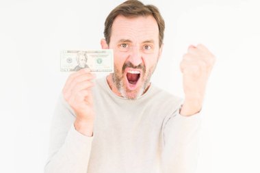 Komuta sizde yirmi dolar banknot üzerinde izole arka rahatsız ve öfke, çılgın ve yükseltilmiş el, öfke kavramı ile diye bağıran ile sinirli bağırarak holding