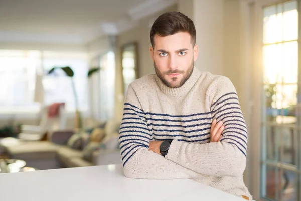 Young Handsome Man Home Skeptic Nervous Disapproving Expression Face Crossed — Stock Photo, Image