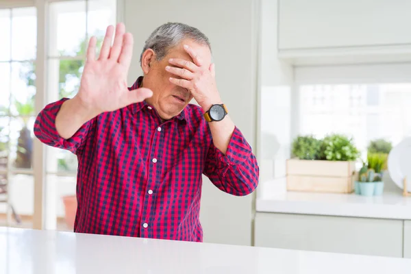 Handsome Senior Man Home Covering Eyes Hands Doing Stop Gesture — Stock Photo, Image