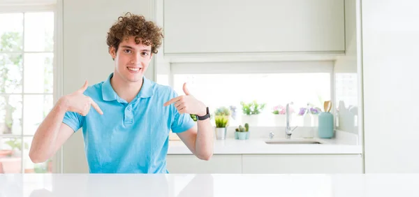 Wide Shot Young Handsome Man Home Looking Confident Smile Face — Stock Photo, Image