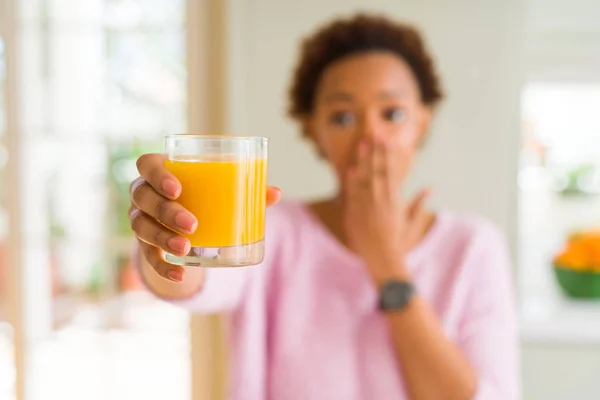 Young African American Woman Driking Orange Juice Home Cover Mouth — Stock Photo, Image