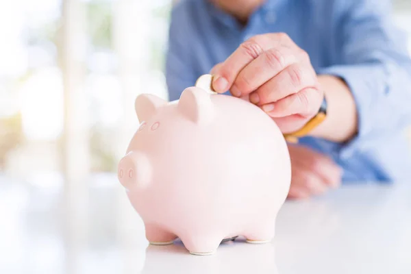 Close Van Man Brengen Van Een Munt Binnenkant Piggy Bank — Stockfoto