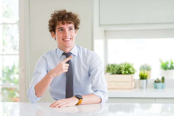 Young Business Man Wearing Tie Cheerful Smile Face Pointing Hand — Stock Photo, Image