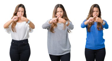 Eksi işareti yapıyor izole arka plan ret ifade geçiş parmakları güzel genç kadın kolaj