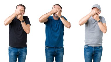 Kolaj üst düzey yakışıklı beyaz izole üzerinde bir kaplama gözleri arka plan ve şaşırttı ve şok ellerle ağız. Duygu gizleme